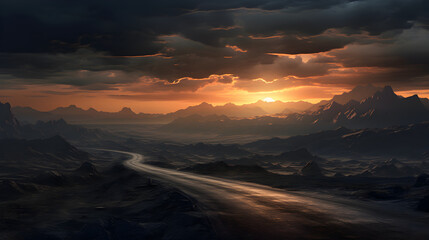 Arafed view of a dirt road leading to a mountain range ,
Road leading into beautiful sunset in the mountains of iceland