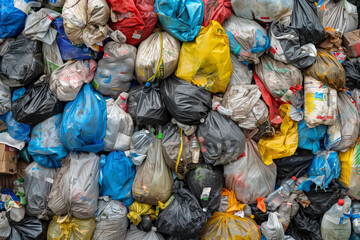 Assorted plastic bags and waste piled in environmental chaos - obrazy, fototapety, plakaty
