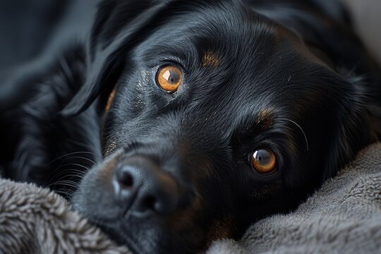 A captivating close-up picture of a black domestic dog with soulful amber eyes conveying loyalty and companionship