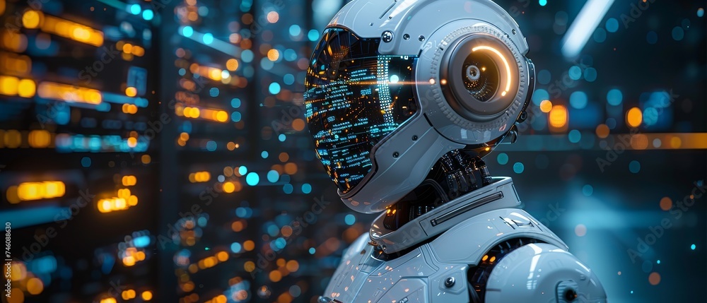 Poster In ChatGPT, we say, 'talk with AI, Artificial Intelligence.' Man enters commands to generate something using robotic AI, artificial intelligence.