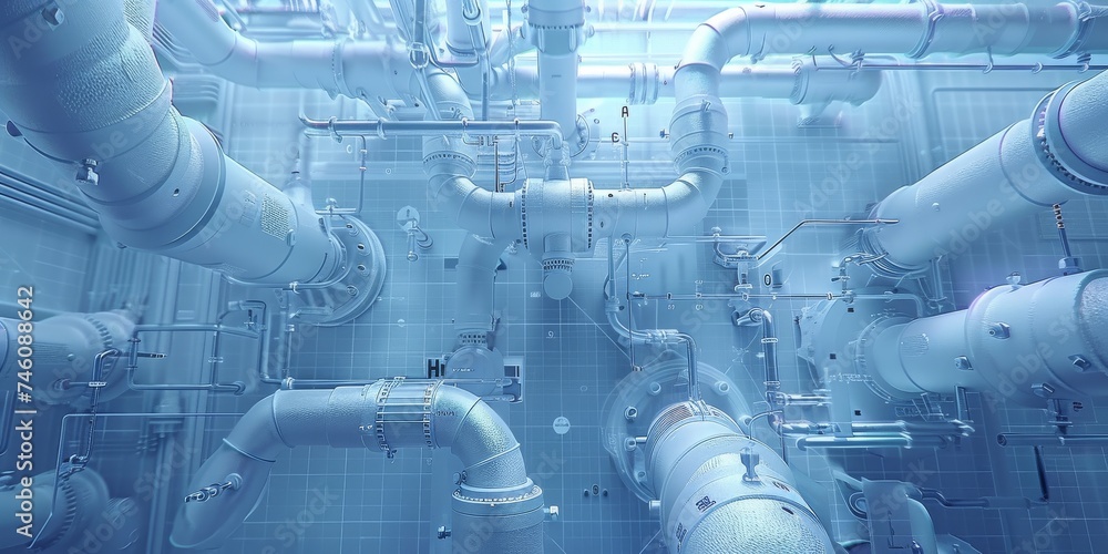 Aufkleber Engineering Complexity: An Intricate Network of Pipes Overlaid on Technical Blueprints, Generative AI