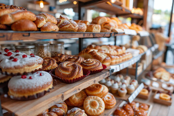 Gourmet Artisan Bakery Featuring a Variety of Fresh Breads, Pastries, and Desserts on Wooden Shelves