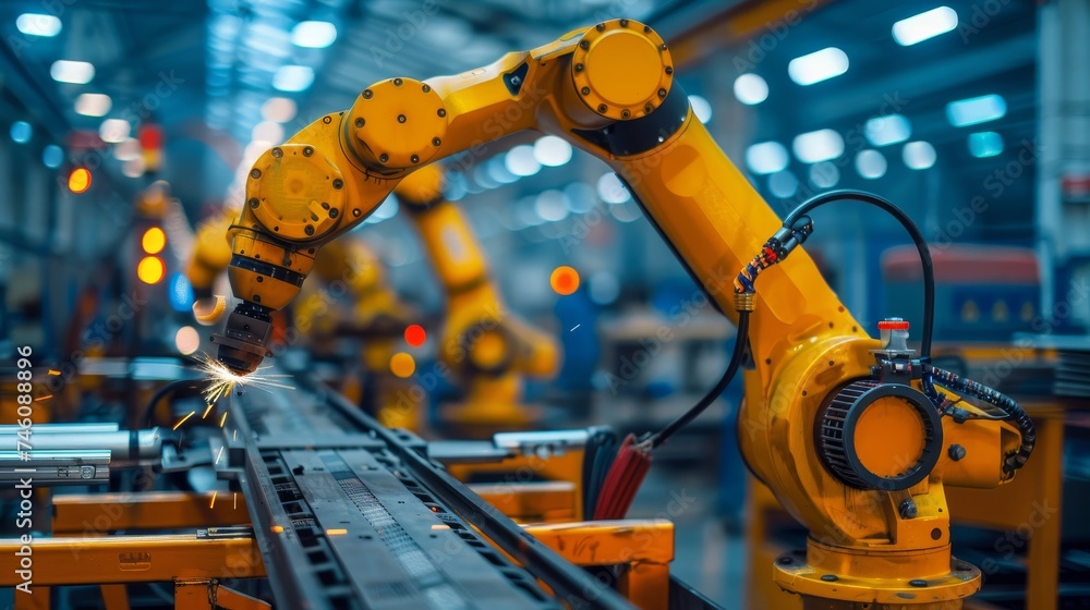 Leinwandbilder Welding robotics and digital manufacturing operations are controlled by an engineer working at the intelligent factory. The engineer checks and controls the robotic arms machines on a real-time