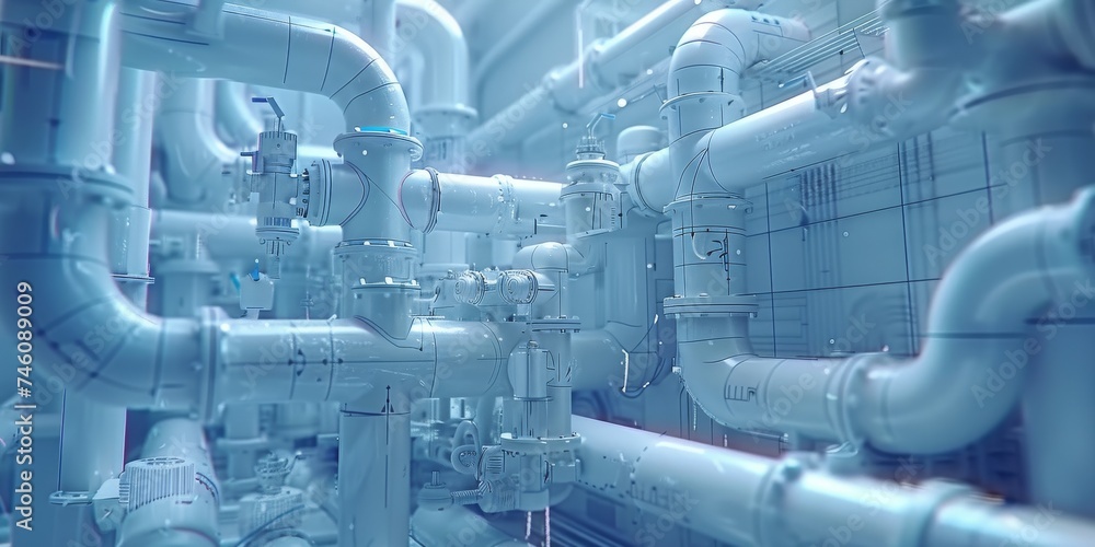 Aufkleber Engineering Complexity: An Intricate Network of Pipes Overlaid on Technical Blueprints, Generative AI