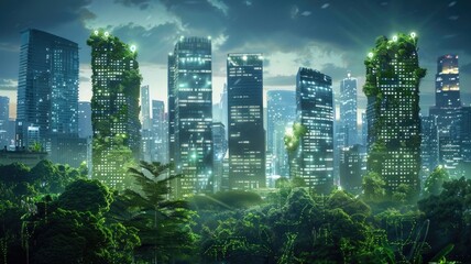 Obraz premium futuristic smart city skyline where Brutalist structures are integrated with green technologies,