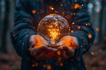 A hand cradles a luminescent crystal ball against a forest backdrop, creating a mystical, enchanting aura