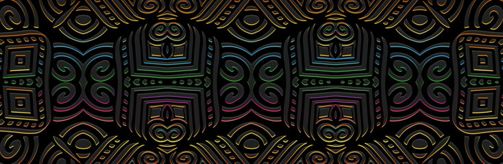 Banner, tribal fantasy ornamental cover design. Relief geometric ethnic 3D pattern on a black background. Vintage art, exoticism of the East, Asia, India, Mexico, Aztec, Peru. - obrazy, fototapety, plakaty