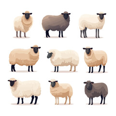 Sheep set flat cartoon isolated on white background. Vector isolated illustration