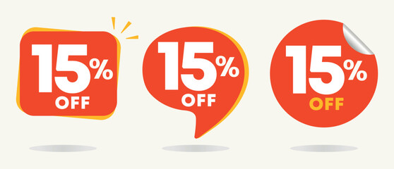 15% off. Value discount poster, price. Special offer sticker, tag. Red balloon icon, vector. Advertisement, advertising for sales, promotion, store, retail