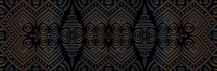 Banner, tribal fantasy unique cover design. Relief geometric ethnic 3D pattern on a black background. Vintage art, exoticism of the East, Asia, India, Mexico, Aztec, Peru. - obrazy, fototapety, plakaty