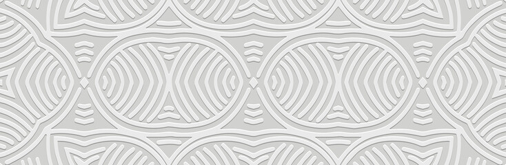 Banner, tribal ornamental linear cover design. Relief geometric ethnic 3D pattern on a white background. Vintage art, exoticism of the East, Asia, India, Mexico, Aztec, Peru. - obrazy, fototapety, plakaty