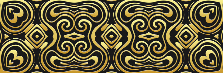 Banner, tribal holiday cover design. Relief geometric ethnic gold 3D pattern on a black background, metallic. Vintage art, exoticism of the East, Asia, India, Mexico, Aztec, Peru. ©  swetazwet