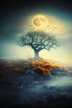 Surreal moonlit night scene with lone tree and birds