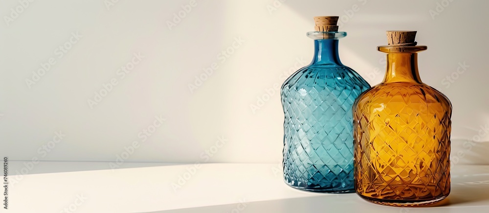 Poster two beautiful decorative bottles of different colors are sitting side by side on a table with a whit