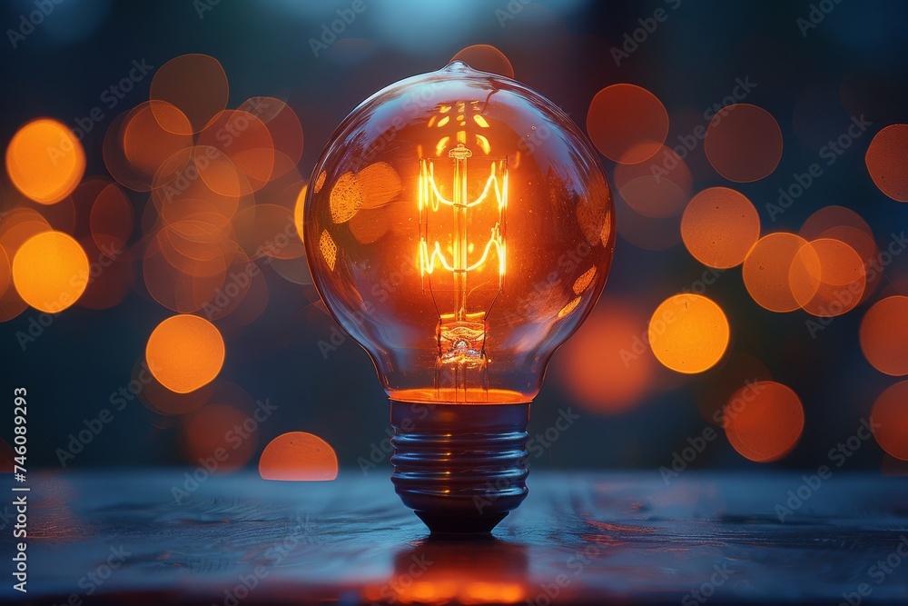 Poster a lit light bulb stands out against a dark background with soft bokeh lights, symbolizing ideas and 