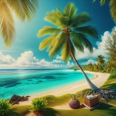 Sunny day at beautiful beach with a palm tree on the Caribbean