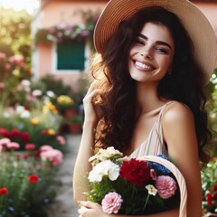 In the garden, a woman is holding flowers and wearing a hat while smiling.