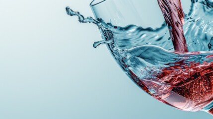 a close up of a wine glass with a red liquid pouring out of the top of it, with a blue sky in the background.