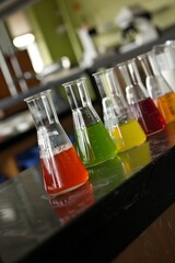 Colorful test tubes in science research laboratory setting