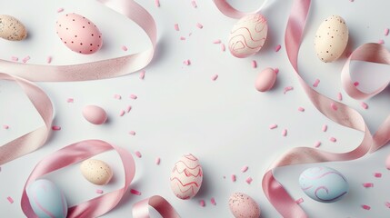 Fototapeta na wymiar Easter eggs with pink ribbons and confetti on white background