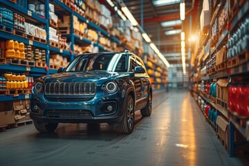 A luxury SUV parked elegantly in the spacious aisle of a modern automotive parts warehouse - obrazy, fototapety, plakaty