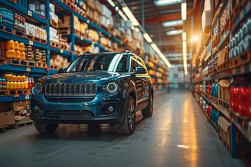 Fotobehang A luxury SUV parked elegantly in the spacious aisle of a modern automotive parts warehouse © svastix