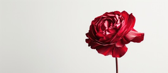 A striking red rose stands out against a pure white background. The vibrant color of the rose contrasts beautifully with the simplicity of the background, creating a visually appealing composition.