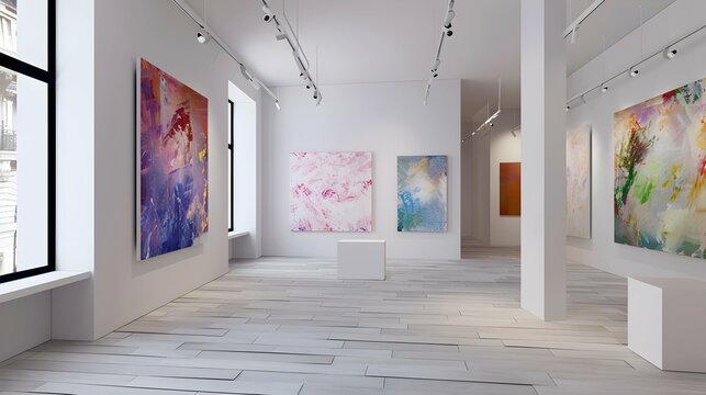 An art gallery with beautiful paintings displayed on minimalist white walls
