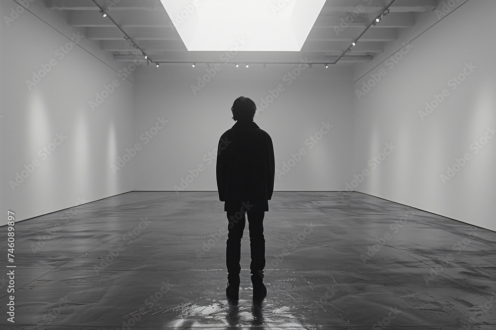 Poster man in gallery observing abstract art. monochrome photography with emphasis on space and form for de