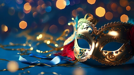 Naklejka premium Still life of colorful carnival beads and masks, vibrant background