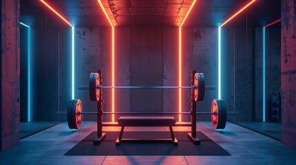 Barbell in a squat rack positioned in the center of a gym with a futuristic theme, highlighted by dramatic neon red and blue lighting that casts a bold glow across the concrete walls and floors