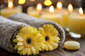 Serene spa setting with candles and yellow gerbera flowers