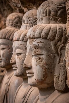 Ancient sandstone Buddha statues in row from temple