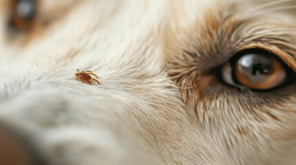 A photo of a small tick on the white fur of an animal, a parasite insect on a dog's muzzle near the eye - obrazy, fototapety, plakaty