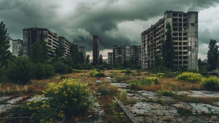 dystopian vision of a deserted brutalist city, with overgrown vegetation reclaiming the stark concrete structures under a stormy sky