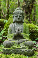 Moss-covered Buddha statue in a tranquil forest setting