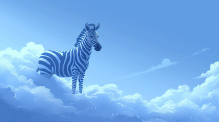 a digital painting of a zebra standing on a cloud - like surface with a blue sky and white clouds in the background.