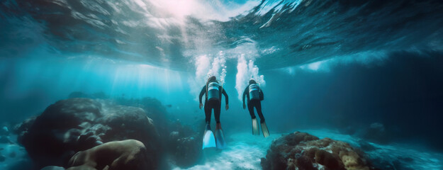 Divers explore the underwater world together. Submerged in the ocean's depths, two people encounter the serene beauty of marine life. Panorama with copy space.
