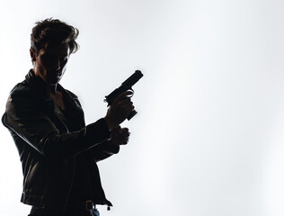 Silhouette of a tough man holding a gun. Isolated white background with copy space. Private detective. Investigator. Mystery, thriller, action packed pose. Back light.