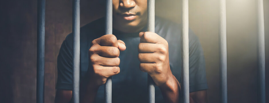 Person behind bars with sense of confinement and longing for freedom. Barrier to liberation. Prisoner young man in prison.