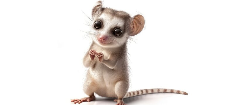 A cute sugar glider, resembling a small mouse, standing upright on its hind legs like a meerkat. The small creature is positioned on a clean white background.