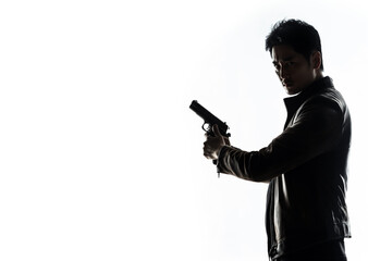 Silhouette of a tough asian man holding a gun. Isolated white background with copy space. Private detective. Investigator. Mystery, thriller, action packed pose. Back light.