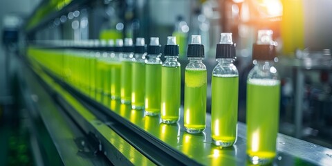 Efficiency in Motion: The Vibrant Green Production Line of Bottled Chemical Solutions, Generative AI
