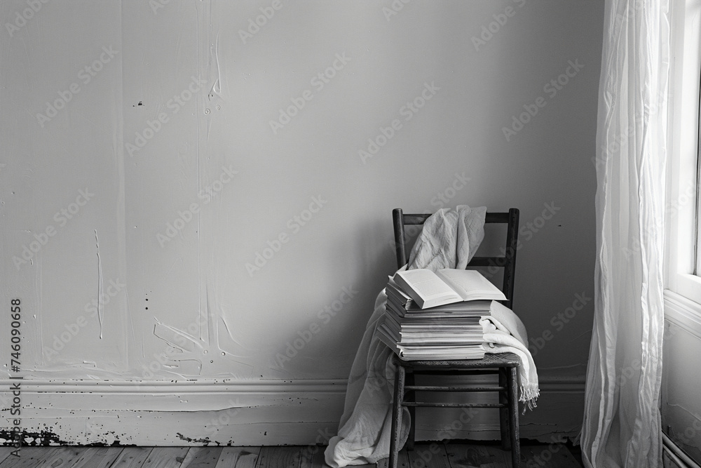 Poster minimalist composition with an open book on a chair and a draped window. solitude and simplicity con