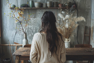 Fototapeta premium Woman in a cozy sweater sitting at a rustic wooden table. Home comfort and autumn mood concept for design and print