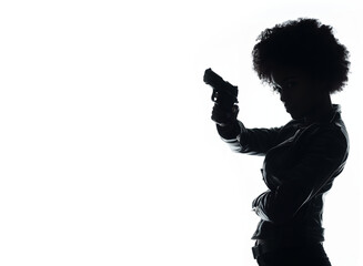 Silhouette of a tough black woman holding a gun. Isolated white background with copy space. Private detective. Investigator. Mystery, thriller, action packed pose. Back light. African american woman.