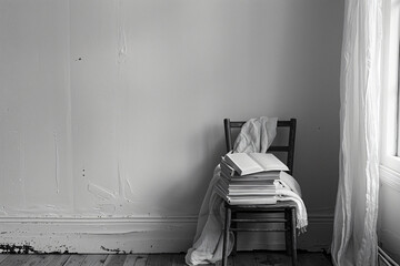 Minimalist composition with an open book on a chair and a draped window. Solitude and simplicity concept for design and print