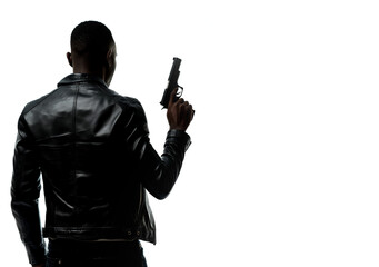 Silhouette of a tough black man holding a gun. Isolated white background with copy space. Private detective. Investigator. Mystery, thriller, action packed pose. Back light. African american man. Back