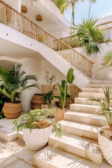 Bright tropical villa interior with elegant staircase and plants