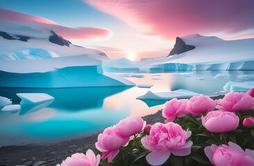 Landscape of Antarctica, spring has come to Antarctica, melting lake east, waterfall flows from turquoise ice, pink and white clouds, the sun clouds dawn, pale pink peonies along the shore lake
